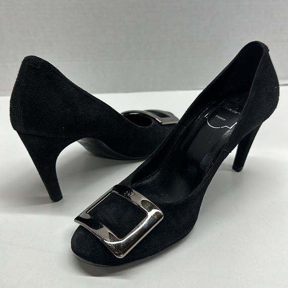 Roger Vivier High Heel Shoes Suede Pumps Round Toe Square Logo Black Size 36.5 - Picture 1 of 13